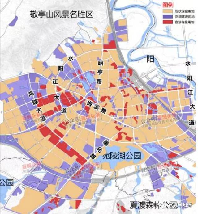 拟新增建设用动地主要集中在体育中心附近,鸿越大道两侧和中央公园