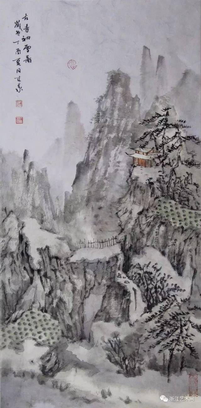 姚来义,《古寺初雪图》 纸本设色,69×46cm,2017