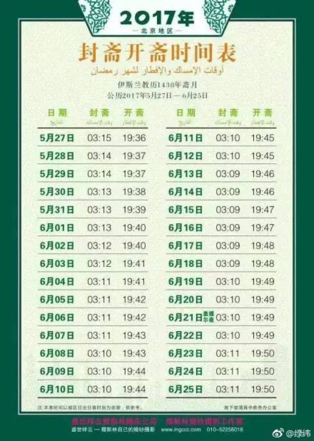 全国部分地区以及世界部分区域2017封斋开斋时刻表!