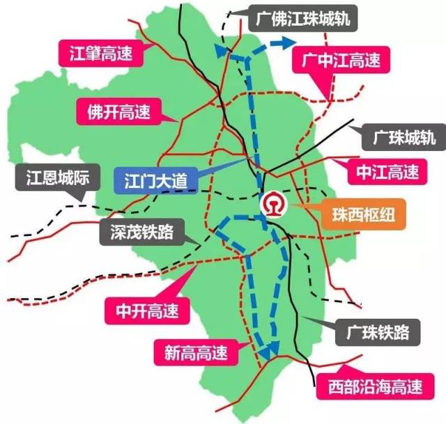 包括:深茂铁路,广佛江珠城际轻轨,江恩城际轻轨,广珠城际轻轨
