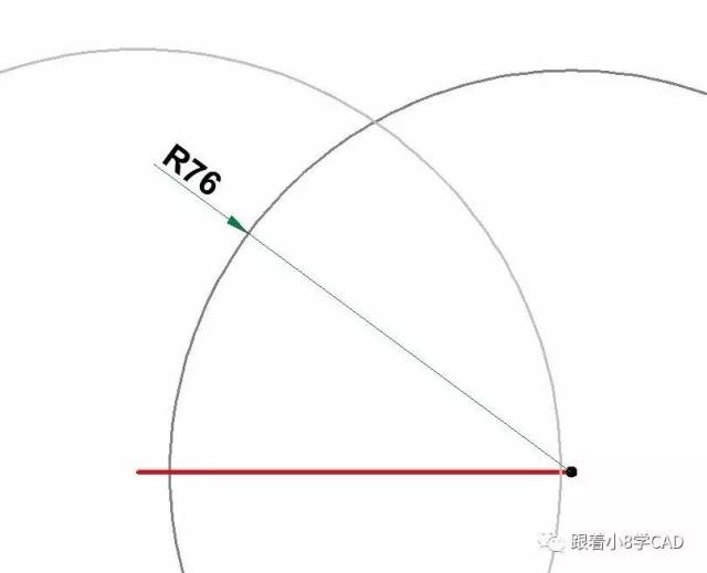 step3,右侧端点为圆心,半径r=76长度绘制圆.