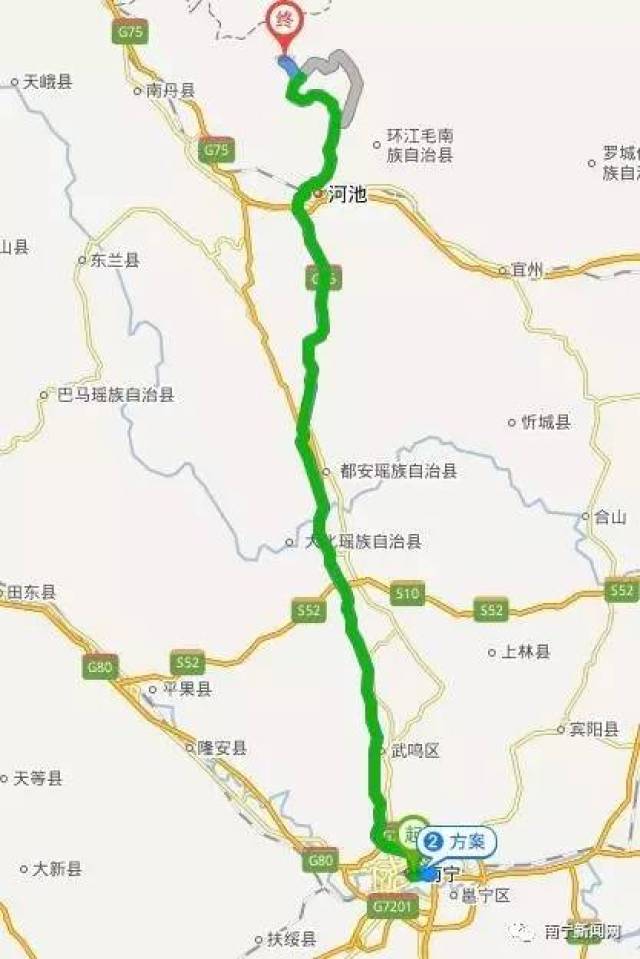 距环江县城75公里,从环江出发往贵州荔波县二级公路经都川,塘万,木论