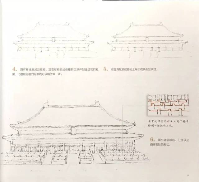 在屋脊轮廓的基础上用长线条画出纹理. 6.