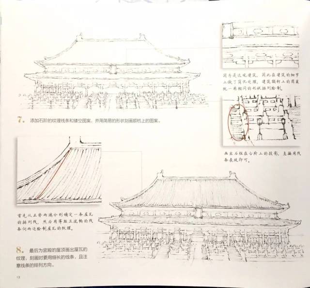 5.在屋脊轮廓的基础上用长线条画出纹理. 6.