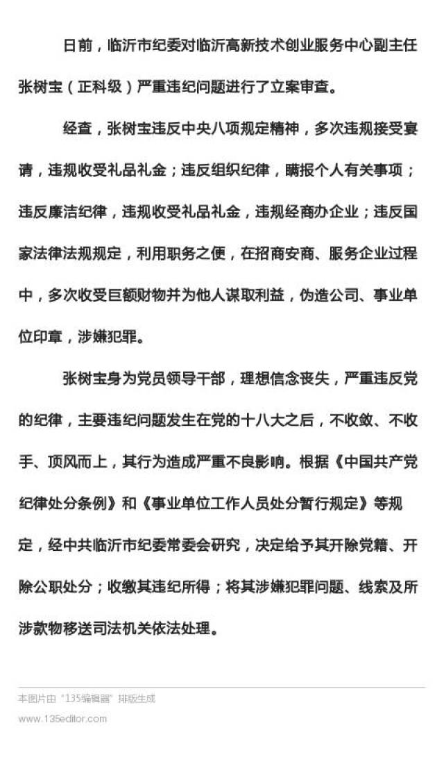 临沂高新技术创业服务中心副主任张树宝严重违纪被开除党籍和公职