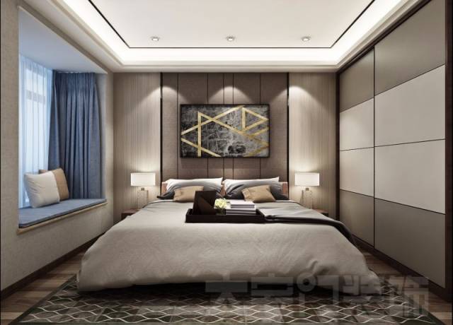 调性沉稳的主卧室以硬包打造床头墙面造型,上下端刻意增加打光,增加