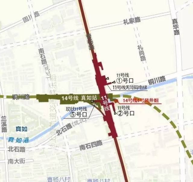 14号线真如站位于普陀区铜川路下方,横跨南石路(规划)和曹杨路,为地下