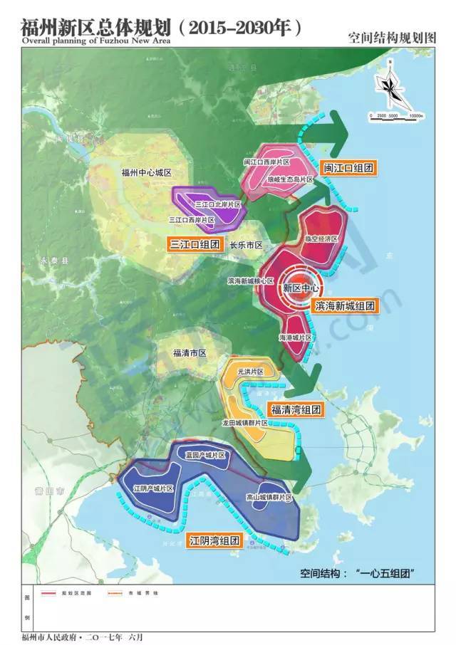 "五组团"即三江口,闽江口,滨海新城,福清湾,江阴湾五个核心组团.