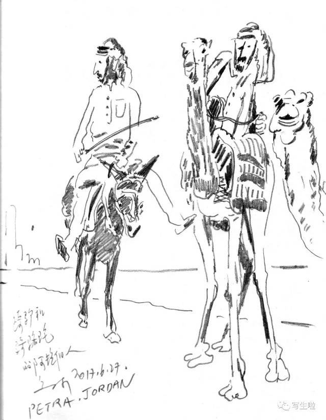骑驴和骑骆驼的阿拉伯人铅笔速写28x22cm