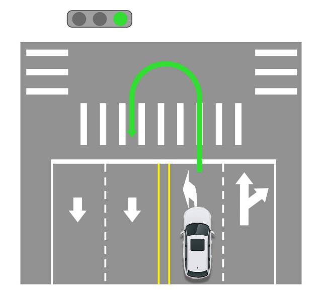 这种两条左转车道的情况就比较常见了,当路口未设置禁止掉头标识时