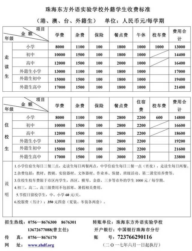 珠海东方外语实验学校2017秋季招生简章【附收费标准】