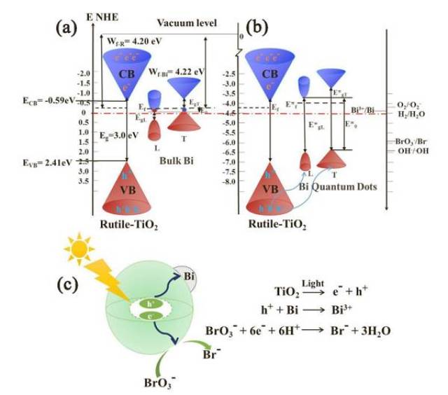 (rutile)与(b)纳米bi/tio2 (rutile)复合光催化材料能带结构对比示意