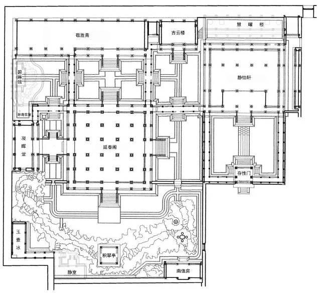 建福宫花园最初的建筑有静怡轩,吉云楼,敬胜斋,延春阁,凝晖堂,积翠亭