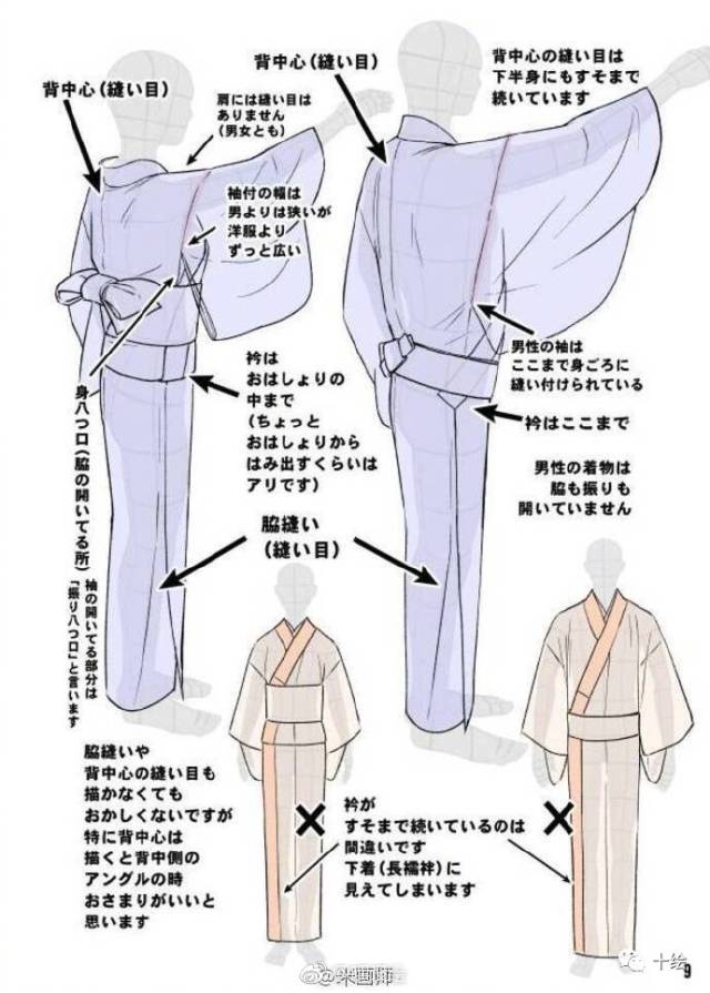 日本羽织,袴装,巫女装,浴衣等传统服饰的画法参考,今天长知识了!