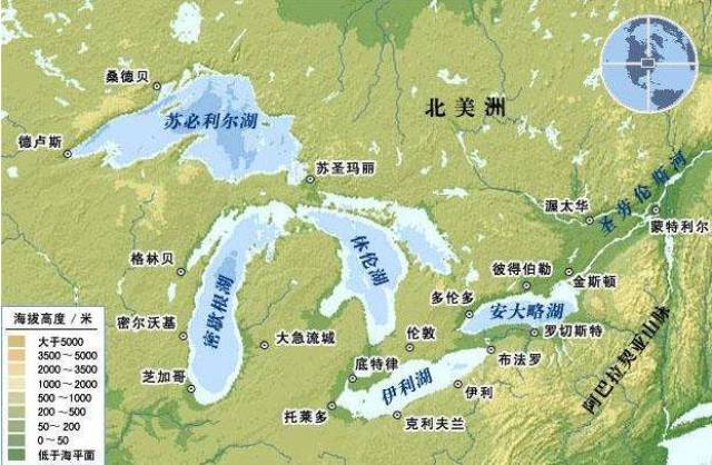 北美美加边境五大湖分布地图