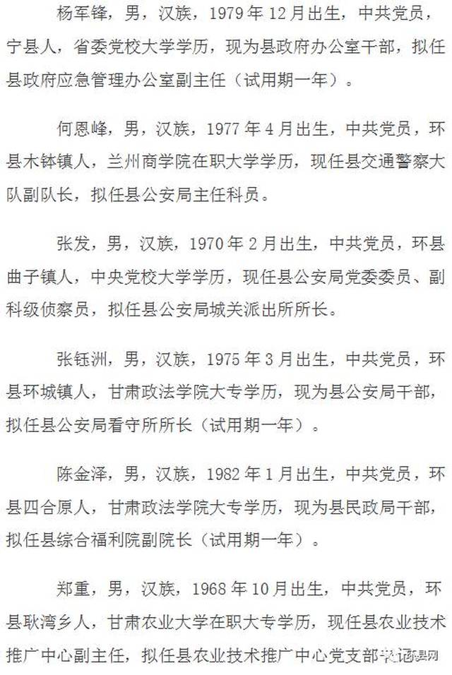 中共环县委组织部关于卜志勇等23名同志进行任前公示的公告!