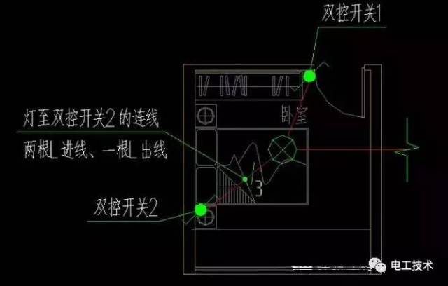 第2步 灯至双控开关1的连线为:一根l进线,两根l出线连接至双控开关2