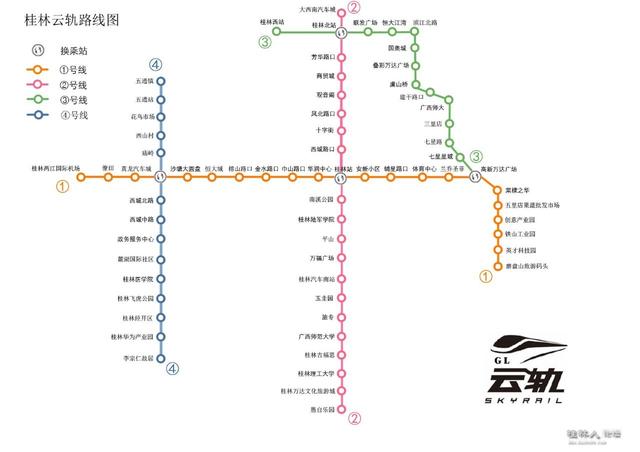 从该网友提供的线路规划图看,桂林云轨将设计4条线路:①号线:东西连接