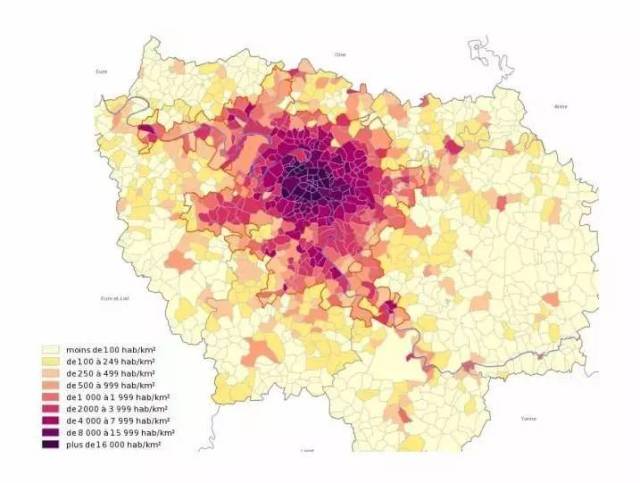 新大巴黎都市区与法兰西岛人口密度情况 (资料来源:大巴黎地区