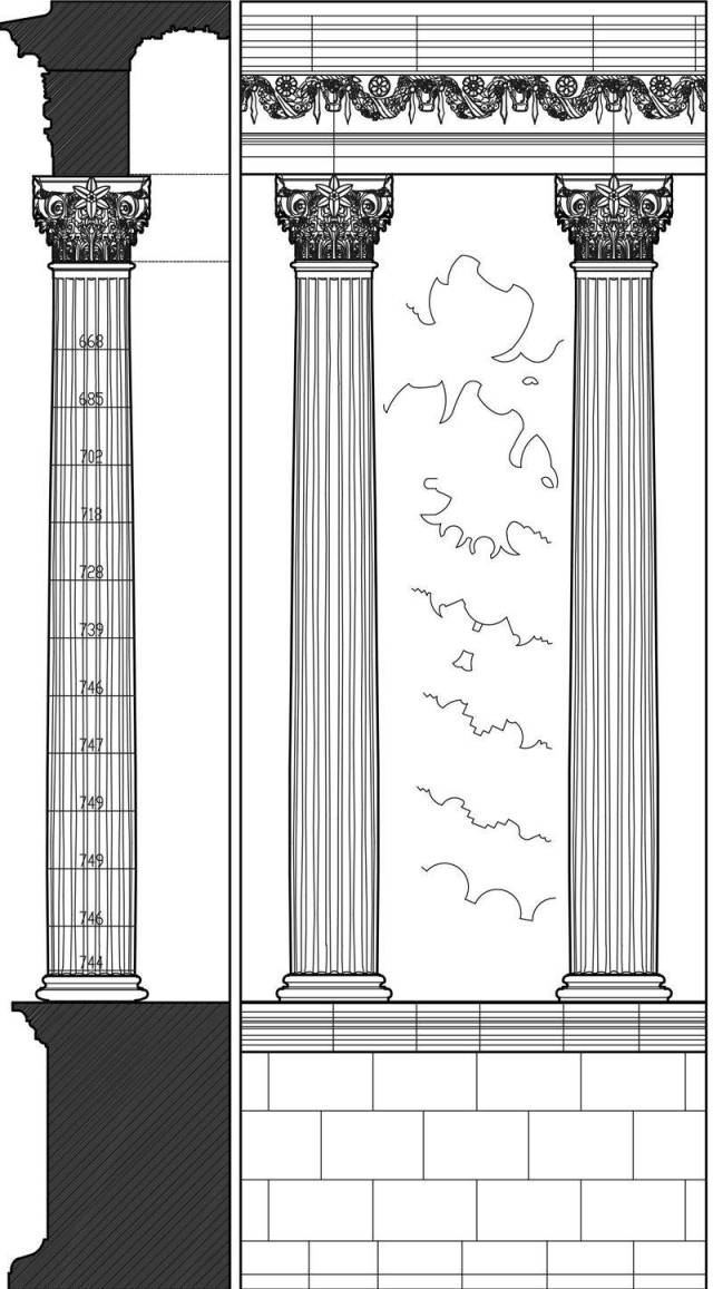 混合式柱式的各部分比例与科林新柱式一致,柱身至基座间的