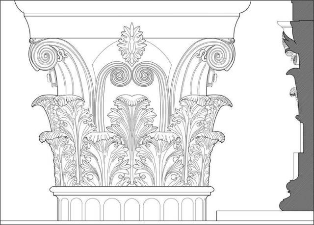 科林新柱式:各部分造型与爱奥尼柱式相似,其不同点是科林新柱头为毛莨