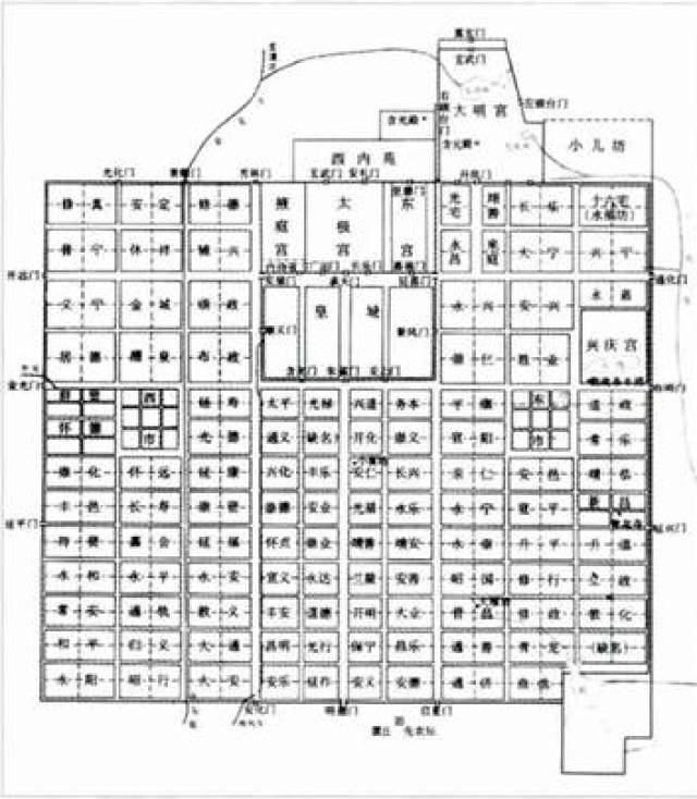 (隋大兴)唐长安城平面图 隋唐都城中这种将宫城布置在城市中轴线