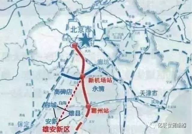 图上红点虚线为网上的新京雄高铁规划线路,实线部分为原京霸线路