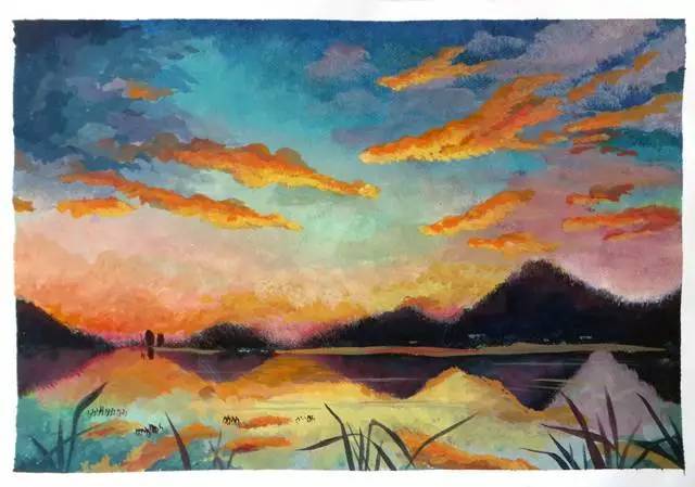 作品介绍: 李科霖同学用水粉画描绘了家乡恬静,优美的环境作品《落日