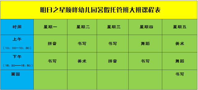 明日之星顺峰幼儿园暑假托管班课程表出炉