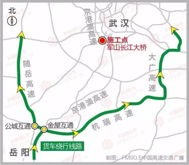 届时,湖南省北上的货运车辆可从g4京港澳高速岳阳段绕行,具体线路为
