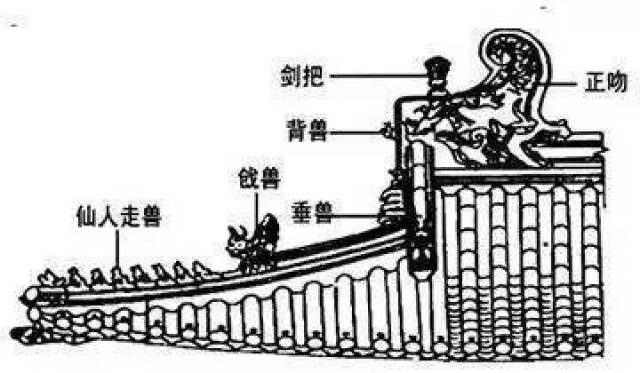 使屋檐看上去宏伟庄重 更加富有人情味 其中,正脊上安放吻兽或望兽 垂