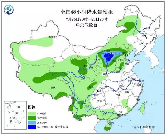 全国48小时降水量预报图(7月25日20时26日20时) 内蒙古气象部门