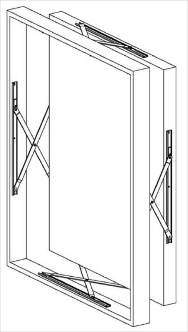 平推铰链关闭示意图 这种单 x 型平推铰链安装在窗户的四周,当窗户