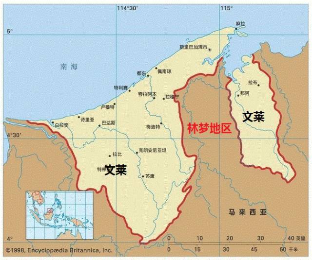 文莱三面与马来西亚接壤,北边是的南海,文莱在近代被英国,