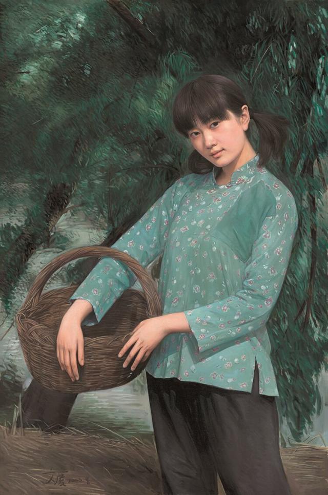 墨迹油画-贺文庆油画《杨柳岸》农家少女名画欣赏