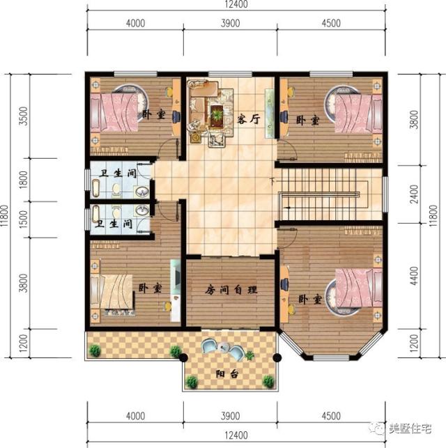 一层平面图:设有玄关,客厅,厨房,餐厅,棋牌室,卧室,2卫生间