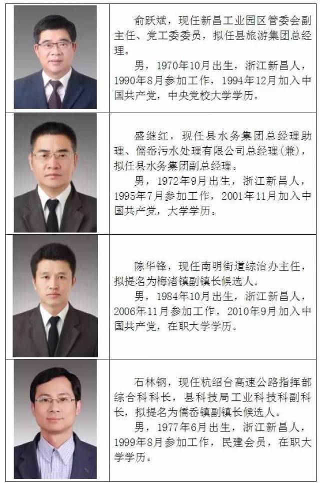 新昌县拟提拔任用县管领导干部任前公示通告