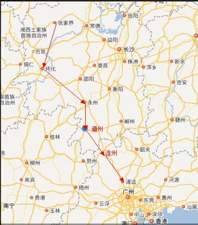 线路推测图 路线:永州—双牌—道州—江华—连州—阳山—清远—广州北
