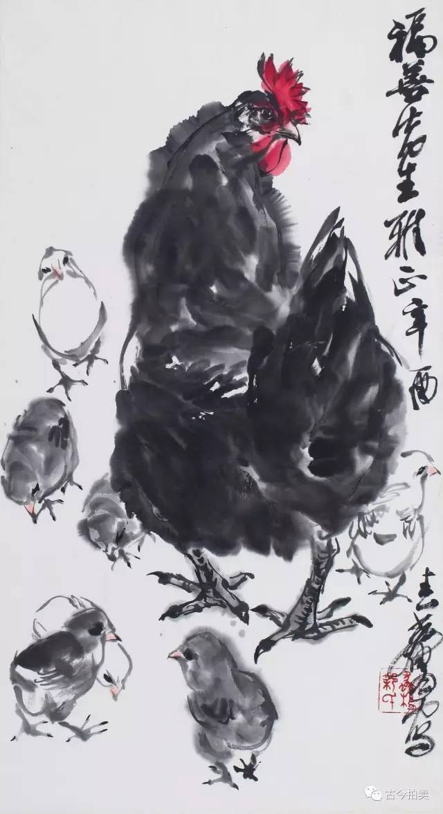 311. 黄胄(1925-1997) 鸡 设色纸本 镜框 68×38cm