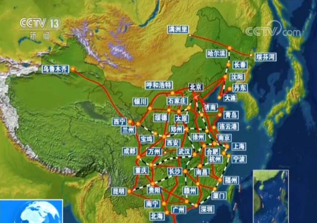 新规划的纵向线路还有:呼和浩特到南宁的呼南通道;北京到昆明的京昆图片