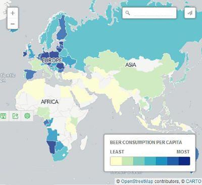 近日,国体根据全球人均啤酒消费量,绘制了一版世界地图.