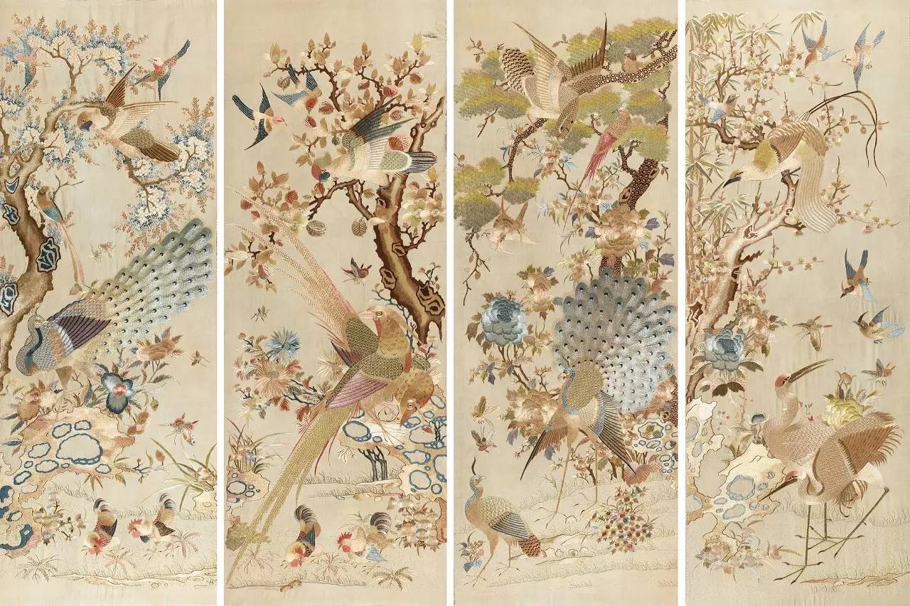 lot 6131 清粤绣花鸟四条屏 113×42cm 估价:380,000-580,000