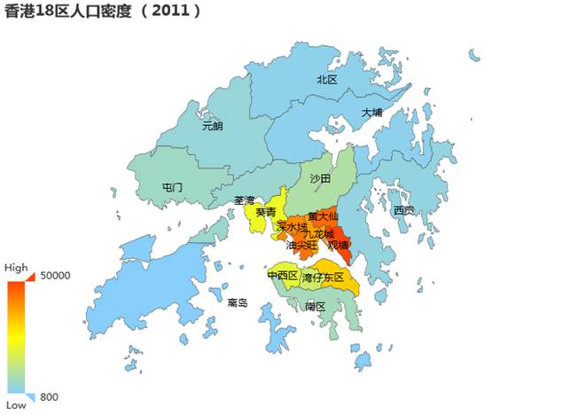 香港各区域的人口密度 下图通过与地图结合,使用散点的分布清晰地展示