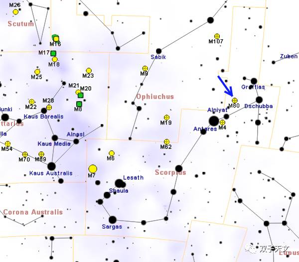 (下图蓝色箭头处)·它的位置·m80的位置在 心宿二(天蝎座α)和 房宿