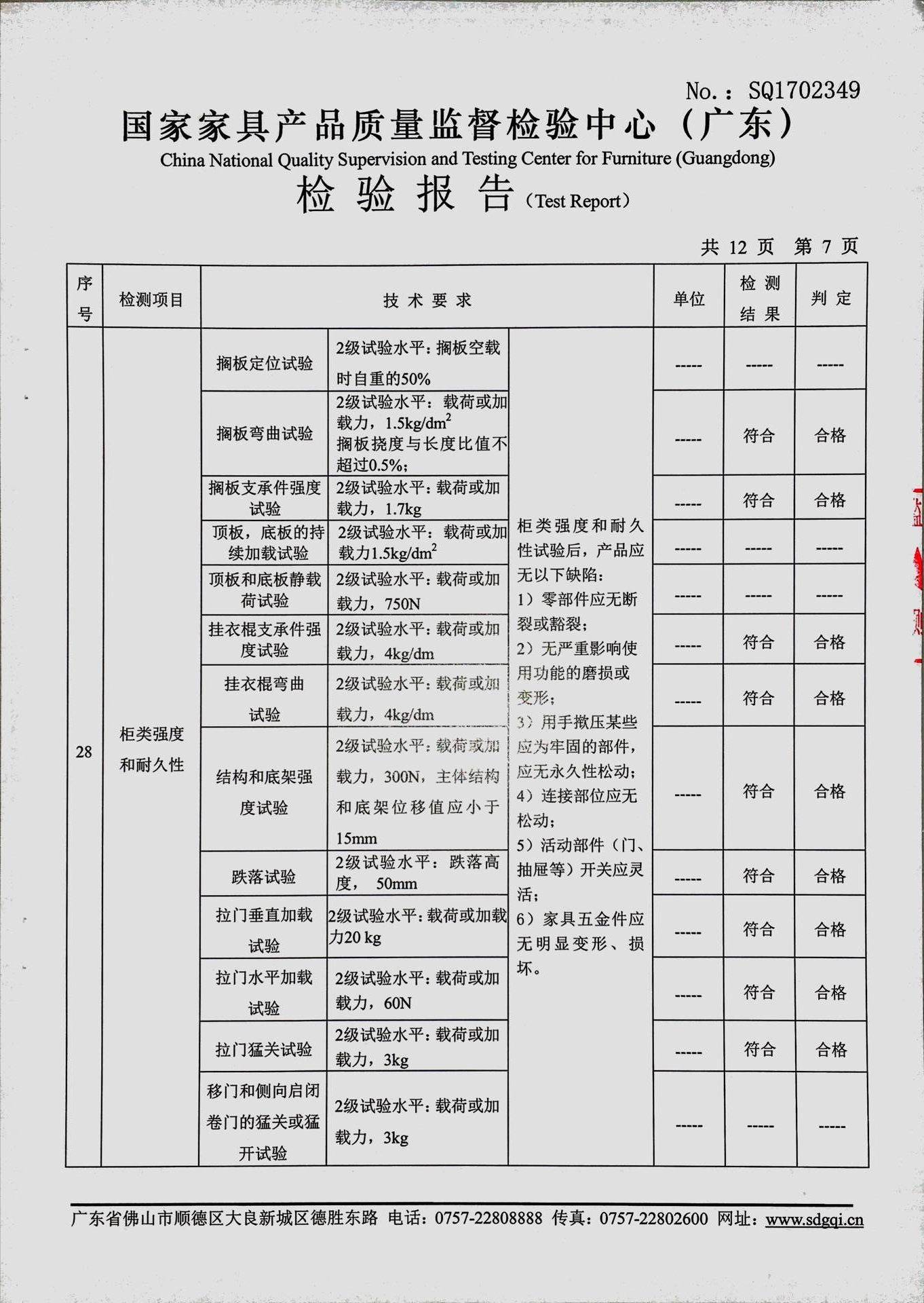 欧派衣柜 全屋定制产品2017年检验报告