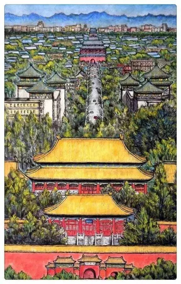 而在紫禁城外面 跟俄罗斯套娃似的 资料 / 手绘北京中轴线望钟鼓楼