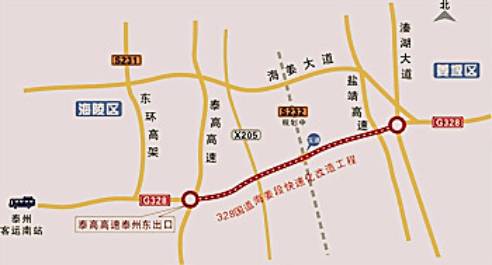 向东利用新328国道布线,跨越205县道后与规划中的232省道交叉,上跨盐