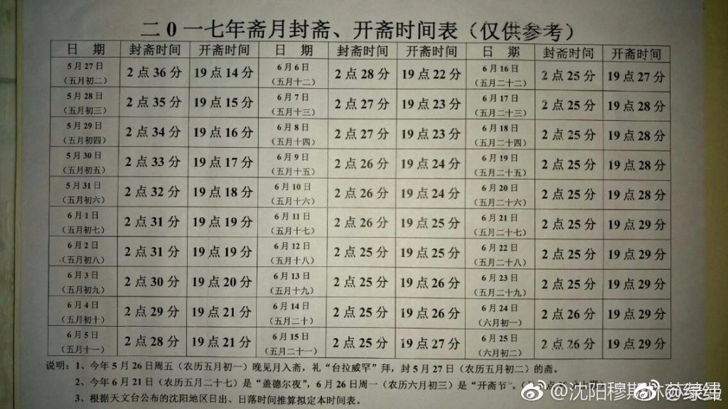 全国部分地区以及世界部分区域2017封斋开斋时刻表!