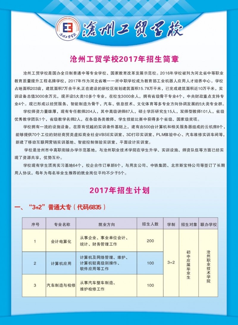 关注|2017年沧州工贸学校招生简章