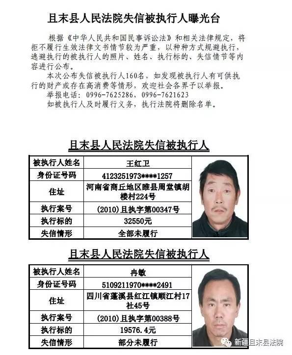 且末县人民法院曝光160名失信被执行人(附照片)